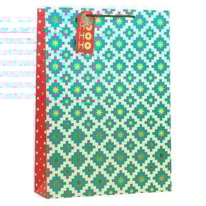 Make your gifts shine with our Extra Large Geo Star Gift Bag! This stunning bag features a contemporary geometric pattern in vibrant teal and cream, beautifully accented with shimmering gold stars. A festive red side panel adorned with delicate dots adds an extra touch of charm, perfectly complementing the sturdy red cord handles.

Complete with a delightful 'HO HO HO' gift tag, this extra-large bag is perfect for presenting those generously sized presents during the festive season. Its eye-catching design ensures your customers' gifts will stand out under any tree. Available in a convenient pack of 6 from Partisan Products Ltd, it's a must-have for your seasonal gift wrap collection.