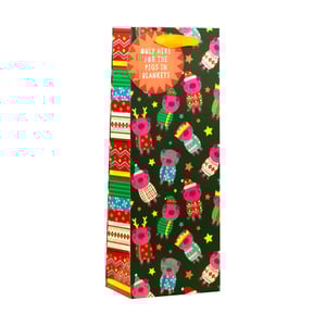 Get ready for festive gifting with our adorable Pigs In Blankets Bottle Bag! This charming bag features a delightful pattern of pink pigs dressed in a variety of colourful winter jumpers, hats, and scarves, set against a deep green background dotted with cheerful yellow stars.

A playful circular tag proudly declares, "ONLY HERE FOR THE PIGS IN BLANKETS," adding a touch of humour to any present. The vibrant striped side panel completes the festive look. Perfect for presenting wine, spirits, or other bottled treats, this bottle bag is sure to bring a smile to recipients this holiday season. It's a fun and unique way to wrap up a special gift, making it an ideal choice for Christmas and winter celebrations.