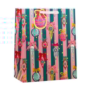 Add a touch of festive flair to your customers' gifts with our delightful Medium Bow Baubles Gift Bag! This charming bag features a vibrant design of alternating pink and teal green stripes, adorned with an array of beautifully illustrated Christmas baubles and elegant icicle decorations. Each ornament is topped with a sweet bow in coordinating shades of red, pink, or gold, creating a truly eye-catching look.

Perfect for presenting presents with style, these bags are sure to make any gift feel extra special. Stock up for the holiday season with this convenient pack of 6, ideal for retailers. From Partisan Products Ltd., these bags combine quality with a cheerful, classic Christmas aesthetic.