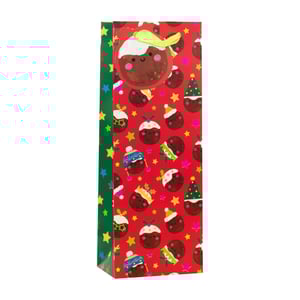 Add a touch of festive fun to your bottled gifts with our Christmas Puds Bottle Bag! This delightful bag showcases a charming pattern of cheerful Christmas puddings, each adorned with a different festive hat, all on a bright red background sprinkled with colourful stars. The green side panel, featuring its own starry design, complements the main pattern beautifully. Ideal for presenting wine, spirits, or other bottled treats, this bag is designed to spread holiday cheer. It includes a sweet pudding-shaped tag and a bright yellow ribbon handle for easy carrying. Available in convenient packs of 6, these bags are a wonderful addition to your seasonal gift packaging range.
