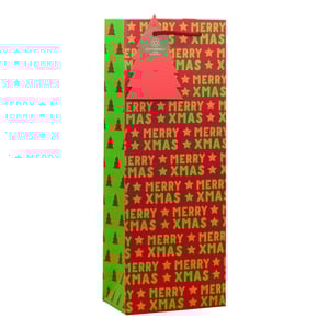 Present your festive gifts beautifully with our Merry Xmas Bottle Bag. This vibrant red bag features a cheerful repeating pattern of 'MERRY ? XMAS' in bright green, complemented by a charming green side panel adorned with Christmas tree silhouettes. Each bag includes a delightful red tree-shaped gift tag, highlighting its eco-friendly and 100% recyclable nature.

Perfect for gifting bottles of wine or spirits, this bag adds a wonderful touch of Christmas spirit to any present. Supplied by Partisan Products Ltd., these bottle bags come in a convenient pack of 6, ensuring you're ready for the holiday season. Make your Christmas gifting both stylish and sustainable.