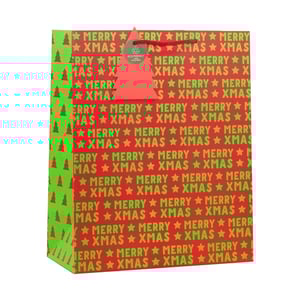 Spread festive cheer with our delightful Large Merry Xmas Gift Bag! This eye-catching bag features a vibrant red background, boldly patterned with cheerful green "MERRY XMAS" text and stars. The contrasting green side panels are adorned with charming red Christmas tree motifs, adding an extra touch of holiday magic.

Designed for convenience and style, each bag comes with sturdy red string handles and a special eco-friendly Christmas tree-shaped tag, perfect for personal messages. Ideal for larger gifts, these bags are supplied in a handy pack of 6 by Partisan Products Ltd, ensuring you're perfectly prepared for all your seasonal gifting. Make your presents stand out this Christmas!
