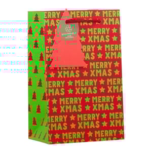 Prepare for the festive season with our charming Small Merry Xmas Gift Bag! This bag features a vibrant red background, decorated with bright green 'MERRY XMAS' text and green stars. The contrasting green side panels showcase an array of red Christmas tree silhouettes, adding a festive flair.

Each bag comes with a stylish red Christmas tree tag, noting its 'ECO-FRIENDLY' and '100% Recyclable' credentials – a great choice for eco-aware customers. Finished with red braided handles, these bags are perfect for small gifts. Available in a convenient pack of 6 from Partisan Products Ltd., they're an excellent addition to your Christmas retail offering.