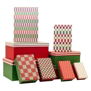 Elevate your holiday gift packaging with our Set of 10 Christmas Essentials Gift Boxes, proudly supplied by Partisan Products Ltd. This charming collection features a vibrant array of festive reds, greens, and elegant off-white, all adorned with a variety of eye-catching geometric patterns. Discover stylish stripes, classic checks, and contemporary rectangular designs that bring a sophisticated yet playful touch to any present. Ideal for retailers seeking quality and style, these versatile boxes come in a convenient single pack size, perfect for offering your customers a truly special way to present their gifts. Make this Christmas unforgettable with these essential, beautifully designed gift boxes.