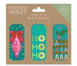 Add a touch of festive cheer to every present with our charming Baubles Pack of 9 Gift Tags from Ultra Violet. This delightful collection features three unique designs, ensuring there's a perfect tag for every gift.

Your customers will adore the vibrant teal backgrounds, beautifully complemented by a shimmering pink bauble with 'Christmas WISHES', playful 'HO HO HO's with golden starbursts, and a joyful 'FA LA LA' design adorned with classic holly. Crafted with care, these eye-catching tags are ideal for adding that special finishing touch to Christmas presents. Plus, the packaging proudly states 'Please Recycle Me', appealing to eco-conscious shoppers.

Stock up on these must-have festive accessories, available in convenient wholesale packs of 12, ready to brighten up your seasonal offerings.
