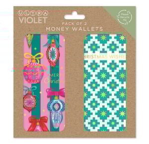 Introduce the delightful Pigs and Puds 2 Pack Money Wallets, a charming way to present festive gifts. Each pack features two unique designs. One wallet radiates joy with its vibrant pink and teal stripes, adorned with beautifully illustrated Christmas baubles and bows, wishing a 'MERRY Christmas'. The second offers a touch of elegance, showcasing a sophisticated teal geometric pattern on a cream background, accented with shimmering gold stars and a 'CHRISTMAS WISHES' message.
These versatile wallets are perfect for gifting cash, vouchers, or small notes during the holiday season. Thoughtfully presented on recyclable kraft card, they align with eco-conscious choices. From Partisan Products Ltd, these come in a convenient pack size of 1x12, making them a brilliant, ready-to-sell addition to your Christmas gift range. Help your customers make their gift-giving extra special this year!