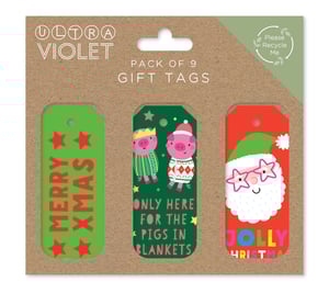 Get ready for festive gifting with the charming Pig Advent and Merry Xmas Pack of 9 Gift Tags from Ultra Violet. Each retail pack offers three delightful Christmas designs to add a special touch to any present. Your customers will adore the classic 'MERRY XMAS' tag with its vibrant red stars, the wonderfully witty 'ONLY HERE FOR THE PIGS IN BLANKETS' tag featuring two adorable festive pigs, and the super cool Santa sporting star-shaped glasses for a truly 'JOLLY CHRISTMAS'. These fun and quirky tags are perfect for personalising gifts. What's more, the packaging is recyclable, appealing to environmentally conscious shoppers. Supplied by Partisan Products Ltd., these popular tags come in a convenient wholesale pack of 12 retail units, ensuring your stock is ready for the holiday rush.