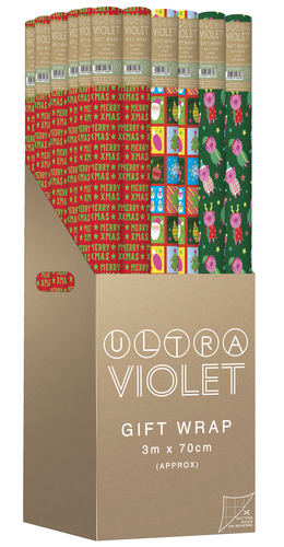 Prepare your shelves for the festive season with our charming Ultra Violet 3M Pigs Advent and Merry Xmas Roll Wrap! This delightful collection offers three distinct designs to captivate your customers. Choose from a classic 'Merry Xmas' pattern, a playful Advent-themed multi-panel wrap, or an utterly adorable design featuring festive pigs.

Each roll measures a generous 3m x 70cm, providing ample wrap for all those special gifts. Supplied in a convenient pack of 36, this assortment ensures you're well-stocked with popular Christmas designs. Perfect for adding that extra touch of joy to any present!
