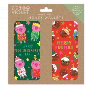 Get ready for festive fun with these adorable Baubles and Geo 2 Pack Money Wallets from Ultra Violet! Perfect for spreading Christmas cheer, this delightful duo features two unique, vibrant designs.
One wallet showcases charming pigs dressed in their festive best, wishing everyone a 'Happy Pigs in Blanket Day!' The other is adorned with cute Christmas puddings sporting various hats and decorations, exclaiming 'Merry Pudmas!'
These colourful wallets are ideal for gifting cash, vouchers, or simply keeping notes tidy during the holiday season. Made for convenience and packaged on recyclable card, they're a brilliant addition to any festive display. Stock up now and bring smiles to your customers!