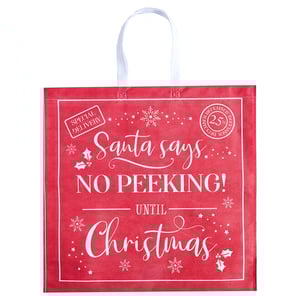 a red bag that says santa says no peeking until christmas