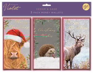Present your Christmas gifts with a touch of festive charm using our Cedar and Sage 3 Pack Money Wallets. Each pack features three unique and beautifully illustrated designs, perfect for adding a special touch to cash or gift vouchers. Discover a delightful Highland cow in a Santa hat, a sweet hedgehog amidst winter berries, and a majestic stag in a snowy forest scene. Adorned with 'Merry Christmas' and 'Christmas Wishes' greetings, these wallets capture the natural beauty of the season. Designed by Violet, they offer a wonderful way to spread holiday cheer. These attractive money wallets are an ideal addition to any seasonal gift range. Available for wholesale in a convenient 1x12 pack.
