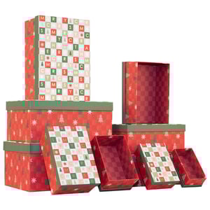 Get ready for the festive season with our delightful Set of 10 Christmas Grid Gift Boxes, brought to you by Partisan Products Ltd. These charming boxes are perfect for presenting your gifts with a touch of holiday cheer. Each box features a vibrant red and green design, adorned with a unique "MERRY CHRISTMAS" grid pattern on the lid, complemented by festive trees and stars. Inside, a classic red checkered lining adds an extra special detail. With a variety of sizes included in this single pack, you'll find the perfect box for every present. Make your gifts stand out this Christmas!
