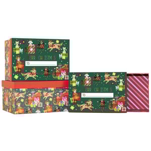 Get ready to spread some festive cheer with our adorable Set of 3 Christmas Puppy Party Gift Boxes! These charming boxes from Partisan Products Ltd. are ideal for presenting your holiday gifts in style. Each box features a delightful design of playful puppies celebrating Christmas, complete with festive outfits, gifts, and even a sleigh ride! The vibrant green background is adorned with "Merry Christmas" and handy "To:" and "From:" labels, making gifting a breeze. With three different sizes, you'll find a box for every gift. Plus, the peek of a red and white striped interior adds an extra touch of holiday magic. These single-pack sets are a wonderful way to add a special touch to your Christmas presents.