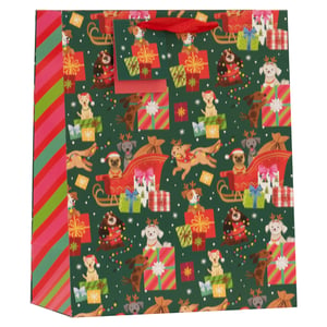 Make every gift extra special this festive season with our adorable Large Puppy Party Gift Bag! This charming bag features a delightful array of playful puppies, all dressed in their Christmas best with Santa hats and reindeer antlers, surrounded by colourful presents and whimsical snowflakes. The rich green background is perfectly complemented by vibrant red ribbon handles and classic red and green striped side panels, adding a touch of traditional holiday cheer. Its generous size makes it ideal for a variety of gifts, ensuring a memorable presentation for any dog lover. Bring smiles and wagging tails to your celebrations with this irresistibly cute gift bag – the perfect finishing touch for your thoughtful presents!