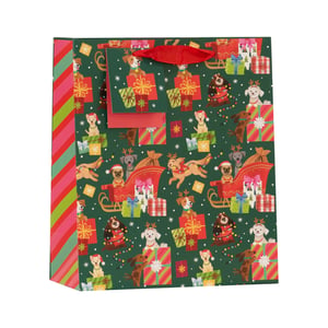 Make every gift extra special this festive season with our adorable Medium Puppy Party Gift Bag! Perfect for spreading cheer, this charming bag features a delightful array of playful puppies, all dressed up in their Christmas best – from Santa hats to reindeer antlers and twinkling lights.

Against a rich green background, you'll find pups peeking out of colourful gift boxes and even a joyful scene of dogs riding in a festive sleigh pulled by a spirited reindeer-dog. The vibrant red ribbon handles and striped side panels add an extra touch of holiday magic.

Ideal for Christmas presents, this bag is sure to bring smiles to recipients of all ages. Available in a convenient pack of 6, it's a must-have for your seasonal gift wrap collection. Supplied by Partisan Products Ltd.