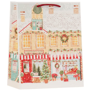 Bring festive cheer to your customers' gifts with our delightful Large Christmas Street Gift Bag. This charming bag features a whimsical, snow-covered street scene, bustling with beautifully decorated shops. The intricate illustration captures the spirit of the season, from 'Evergreen's Trees' to a 'Gift Emporium', complete with twinkling lights and festive wreaths. The warm, inviting artwork is perfect for presenting those special presents. What's more, an eco-friendly tag ensures you can offer a sustainable choice that looks fantastic. Designed for larger gifts, these bags come in a convenient pack of 6, supplied by Partisan Products Ltd. A truly enchanting way to make any Christmas gift extra special.