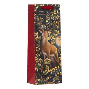 Introduce a touch of festive magic to your customers' gifting this Christmas with our enchanting Enchanted Forest Bottle Bag. This stunning bag features a majestic deer amidst a rich tapestry of golden foliage and berries, set against a deep, starry background. The elegant design, complete with a 'Merry Christmas' tag and vibrant red ribbon handles, makes it the perfect presentation for a special bottle of wine or spirits. Its luxurious feel and captivating artwork will elevate any gift, making it truly memorable. Sold in convenient packs of six, these bottle bags from Partisan Products Ltd are an essential addition to your seasonal stock, promising to delight every recipient.