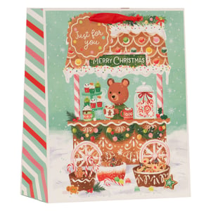 Make your Christmas gifts extra special with our Large Gingerbread Cart Gift Bag! This charming bag features a delightful illustration of a festive gingerbread cart, complete with an adorable bear serving warm drinks and sweet treats. A "Merry Christmas" sign adds to the holiday cheer, while a "Just for you" tag is ready for your personal touch. The vibrant design, featuring gingerbread men, candy canes, and a snowy backdrop, is sure to bring smiles. Perfect for a variety of presents, these generously sized bags come in a convenient pack of six, making them an ideal choice for retailers this festive season. Supplied by Partisan Products Ltd.
