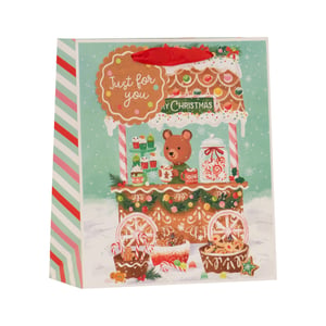 Make gifting extra special this festive season with our delightful Medium Gingerbread Cart Gift Bag! This charming bag showcases a whimsical gingerbread cart, bustling with a friendly bear serving up an array of delicious Christmas treats like gingerbread cookies, candy canes, and steaming hot chocolate. Adorned with a "Just for you" tag and a "Merry Christmas" sign amidst falling snowflakes, it captures the magic of winter. The vibrant red, pink, mint green, and white striped side panels add a playful touch. Perfect for presenting gifts with a heartwarming flourish.

Product name: Medium Gingerbread Cart Gift Bag
Pack size: 1x6
Supplier: Partisan Products Ltd.