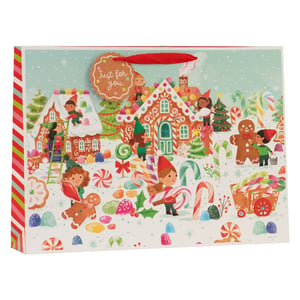 Bring festive cheer to your customers' gifting with our Extra Large Elf Village Shopper Gift Bag. This delightful bag features a whimsical scene of busy elves bustling around charming gingerbread houses, surrounded by colourful sweets, candy canes, and festive trees. The vibrant design, complete with a sweet "Just for you" tag and sturdy red ribbon handles, makes it the perfect choice for presenting larger Christmas gifts.

Its extra-large size offers ample space for a variety of presents, ensuring a memorable unboxing experience for the recipient. Supplied by Partisan Products Ltd, these eye-catching bags come in a convenient pack of 6, ready to brighten up your seasonal display and boost your sales this holiday season.