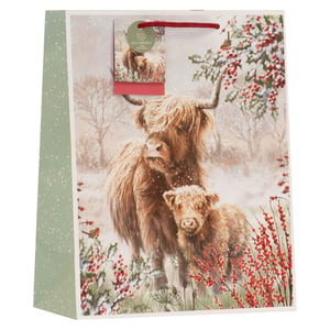 Add a touch of rustic charm to your gift-giving with our Large Highland Scene Gift Bag. This enchanting bag showcases a beautiful illustration of a majestic Highland cow and her adorable calf, set against a serene, snowy winter backdrop. Festive red berries and lush green holly provide a delightful splash of colour, with a sweet robin adding to the idyllic scene. Designed with sustainability in mind, this eco-friendly gift bag features a robust red rope handle for easy carrying and a stylish speckled green side panel. It's the perfect way to present those cherished gifts, making any present feel extra special, whether for Christmas, a birthday, or simply to show you care.