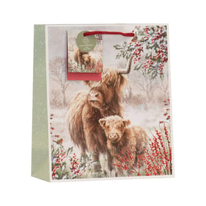 Present your gifts in the most charming way this festive season with our Medium Highland Scene Gift Bag. This delightful bag features an enchanting illustration of a majestic Highland cow and her adorable calf, nestled in a snowy winter wonderland adorned with vibrant red berries and a friendly robin. The heartwarming scene evokes a sense of rustic charm and festive cheer, making it perfect for Christmas or any special winter occasion.

Crafted with care, this gift bag also comes with an eco-friendly tag, proudly stating it's 100% recyclable – a thoughtful touch for environmentally conscious customers. The sturdy design and vibrant imagery ensure your gifts are beautifully presented. Available in a convenient pack of 6 from Partisan Products Ltd., these bags are a must-have for your seasonal offerings.