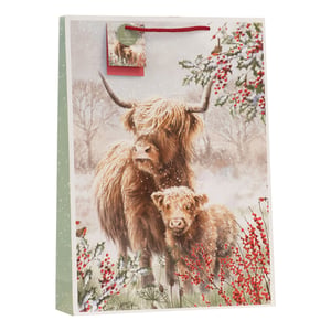 Present your gifts with rustic charm this festive season with our Extra Large Highland Scene Gift Bag. This beautiful bag features a heartwarming illustration of a majestic Highland cow and her adorable calf, nestled in a serene, snow-dusted winter landscape. Festive red berries and delicate foliage add a touch of seasonal cheer, while a sweet robin watches over the scene.

Designed to accommodate larger presents, this extra-large bag is both practical and picturesque. The sturdy red rope handles and matching gift tag complete the thoughtful presentation. Offer your customers a truly special way to wrap their gifts. Available in convenient packs of 6.