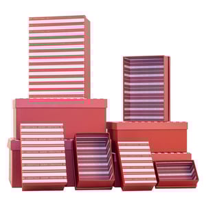 Elevate your festive offerings with our charming Set of 10 Christmas Stripe Gift Boxes, brought to you by Partisan Products Ltd. This delightful collection provides a versatile range of sizes, perfect for beautifully presenting all your holiday gifts. Each box boasts a classic striped design, subtly integrated with "Merry Christmas" text, adding an extra touch of seasonal magic. Featuring a tasteful mix of traditional red and white, alongside sophisticated darker red stripes, these boxes are designed to make every present feel special. They're an ideal choice for retailers seeking attractive, high-quality packaging that will enchant customers this Christmas. Available in convenient single packs, these sets are an essential addition to your seasonal stock.