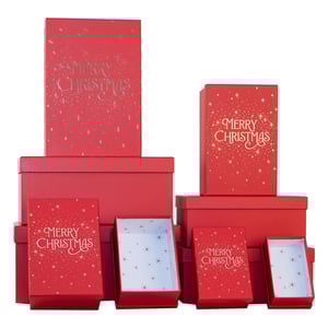 Prepare for the festive rush with our charming Set of 10 Merry Christmas Gift Boxes, brought to you by Partisan Products Ltd. This delightful collection features a vibrant red design, elegantly adorned with shimmering 'Merry Christmas' script and twinkling star details.
Inside, each box reveals a lovely white interior with a subtle, festive star pattern, adding an extra touch of magic to every gift. With a variety of sizes included in each set, they're perfect for packaging a wide range of presents. These high-quality gift boxes are an ideal choice for retailers looking to offer their customers beautiful, ready-to-use festive packaging. Stock up today!
