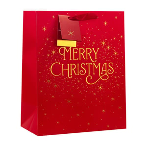 Get ready for the festive season with our Medium Merry Christmas Gift Bags from Partisan Products Ltd. These vibrant red bags feature elegant gold "Merry Christmas" lettering, surrounded by a delightful scattering of gold stars and shimmering dots, creating a wonderfully festive look. Each bag comes complete with a sturdy red ribbon handle and a matching gift tag, making gift-giving effortless and stylish. Perfect for a wide range of presents, these bags add a touch of sparkle to any Christmas offering. Available in a convenient pack of 6, they are ideal for retailers looking to stock up on high-quality, eye-catching festive packaging. Make your customers' gifts shine this Christmas!