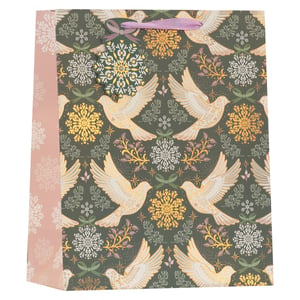Spread warmth and wonder this festive season with our exquisite Large Peace and Joy Gift Bag. This stunning bag features a captivating design of graceful doves, delicate snowflakes, and intricate winter foliage, all beautifully rendered in shimmering gold, soft white, and muted pink against a rich dark green background.

The elegant pink side panel and coordinating ribbon handles add a touch of sophistication, while the charming snowflake gift tag provides the perfect finishing flourish. Ideal for larger presents, these bags are designed to make every gift feel extra special. Available in a convenient pack of 6, ready for your customers to share peace and joy.