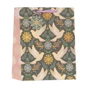 Elevate your gift presentation with our exquisite Medium Peace and Joy Gift Bag, brought to you by Partisan Products Ltd. This charming bag boasts a rich, dark green design, beautifully patterned with elegant white and gold doves, shimmering gold and silver snowflakes, and delicate winter foliage. A soft pink side panel, featuring its own subtle snowflake design, adds a lovely contrast, while the gentle purple ribbon handles and a matching snowflake gift tag complete the sophisticated look. Perfect for Christmas, winter celebrations, or any occasion calling for a thoughtful touch, these bags convey a message of peace and joy. Stock up with our convenient pack of 6 and offer your customers a truly special way to present their gifts.