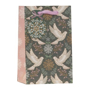 Present your gifts with a touch of serene elegance using our Small Peace and Joy Gift Bag. This beautiful bag features a charming design of graceful white doves, delicate snowflakes, and festive foliage on a rich dark green background. Glimmering gold accents add a luxurious sparkle, complemented by a soft pink side panel and a matching ribbon handle. Perfect for Christmas or any special occasion, these bags are sure to make your thoughtful presents shine. Supplied in a convenient pack of 6, ready to delight your customers. From Partisan Products Ltd.