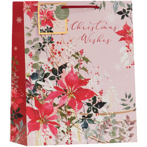 Present your gifts in style this festive season with our exquisite Large Poinsettia Gift Bag. Adorned with a beautiful watercolour-style design featuring vibrant red poinsettias, festive berries, and delicate foliage on a soft pink background, this bag truly captures the spirit of Christmas. Elegant script wishes "Christmas Wishes" to add a personal touch. The sturdy red handles complement the rich colours, and a special eco-friendly tag highlights its 100% recyclable nature – a thoughtful detail for conscious consumers. Perfect for larger presents, these stunning bags are supplied in a convenient pack of 6, ready to delight your customers.