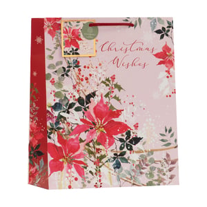 Make every gift shine this Christmas with our stunning Medium Poinsettia Gift Bag from Partisan Products Ltd. This exquisite bag features a beautiful watercolour-style design, showcasing vibrant red poinsettias, festive holly, and delicate winter foliage against a soft, blush pink background.

The elegant "Christmas Wishes" script adds a heartfelt touch, while sturdy red rope handles ensure comfortable carrying. Each bag includes a chic gold-framed gift tag, highlighting its eco-friendly nature. The rich red side panels perfectly complement the main illustration, creating a truly luxurious look. Available in a convenient pack of 6, these bags are an essential addition for retailers seeking premium, environmentally conscious, and visually captivating gift packaging this festive season.