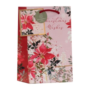 Make every gift extra special this Christmas with our delightful Small Poinsettia Gift Bag. Adorned with vibrant red poinsettias and delicate foliage on a soft pink background, it features elegant 'Christmas Wishes' script and sturdy red rope handles.

An added bonus is the 'Eco-Friendly 100% Recyclable' tag, perfect for customers who care about sustainability. These charming bags are supplied in a convenient pack of 6, ensuring you're well-stocked for the festive rush. A beautiful choice for presenting gifts with style and a clear conscience this holiday season.