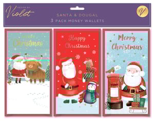 Make gifting cash or vouchers extra special this festive season with our charming Santa and Dougal 3 Pack Money Wallets. Designed by Violet, these delightful wallets feature three unique and heartwarming Christmas scenes. Your customers will adore Santa Claus alongside his adorable Highland cow friend, Dougal, in a snowy landscape, or sharing gifts with a cheerful penguin. Another design shows Santa by a classic red post box with a friendly robin, ready to send festive cheer. Each wallet is beautifully illustrated, capturing the magic and joy of Christmas. These money wallets offer a wonderful way to present a gift, making them a must-have for your seasonal display. Available in convenient wholesale packs of 12, they're perfect for adding a touch of festive charm to your retail offering.