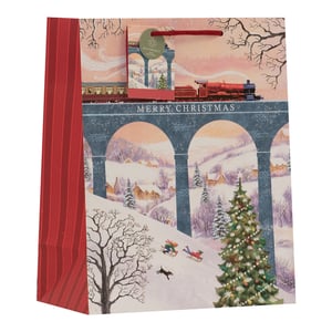 Bring festive cheer to your customers with our Large Santa Express Gift Bag. This charming bag features a delightful winter wonderland scene, complete with a classic steam train chugging across a snowy viaduct that proudly declares "MERRY CHRISTMAS". Below, a joyful scene unfolds with children sledging down a snow-covered hill, a playful dog, and a beautifully decorated Christmas tree. The vibrant illustration and sturdy design make it perfect for presenting larger gifts. Complete with a red striped side and matching string handle, plus an attached gift tag, this bag adds an extra special touch to any present. Available in a convenient pack of 6 from Partisan Products Ltd.