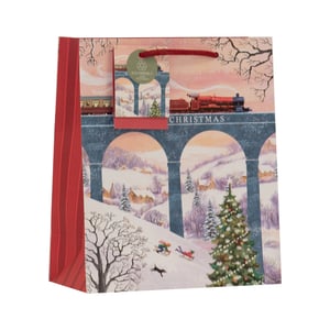 Delight your customers this festive season with our enchanting Medium Santa Express Gift Bag. This beautifully designed bag captures the magic of Christmas with a classic steam train chugging over a snowy viaduct, overlooking a charming winter wonderland scene. Below, children enjoy sledding down a hill beside a twinkling Christmas tree, creating a heartwarming tableau. The vibrant red striped sides and sturdy rope handles add a premium touch. What's more, it proudly features an 'eco-friendly' tag, appealing to environmentally conscious shoppers. Perfect for a variety of gifts, these bags come in a convenient pack of 6 from Partisan Products Ltd, ready to add a special touch to any present.