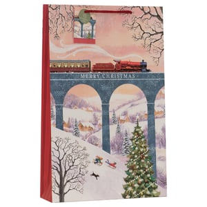 Make gift-giving truly magical this festive season with our Extra Large Santa Express Gift Bag from Partisan Products Ltd.! This enchanting bag features a stunning illustration that captures the spirit of Christmas.

A magnificent steam train, reminiscent of a classic Christmas journey, chugs across a snow-dusted viaduct, proudly displaying "MERRY CHRISTMAS". Below, a picturesque winter wonderland unfolds, complete with a charming village, a twinkling Christmas tree, and children joyfully sledging down a snowy hill alongside a playful dog. The intricate details and warm, festive colours create an idyllic scene that will delight recipients.

Perfect for those larger, more exciting presents, this extra-large bag ensures your gifts are presented beautifully. Available in a convenient pack of 6, it’s an essential addition to your seasonal gift packaging range.