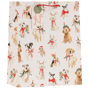 Delight your customers this festive season with our charming Large Santa Paws Gift Bag. Perfect for dog lovers and Christmas enthusiasts alike, this generously sized bag features an adorable array of watercolour dogs, each dressed in their finest festive gear – from Santa hats and reindeer antlers to cosy scarves and holly wreaths. The vibrant red handles and matching "Merry Christmas" tag add a touch of traditional cheer.

Crafted with care, this gift bag isn't just beautiful; it's also eco-friendly and 100% recyclable, appealing to environmentally conscious shoppers. Its large capacity makes it ideal for a variety of gifts, ensuring a memorable presentation. Stock up with our convenient pack of six from Partisan Products Ltd and bring a wagging tail of joy to your retail offerings.