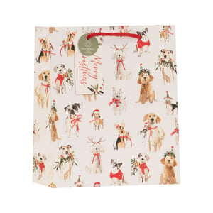 Spread festive cheer with our adorable Medium Santa Paws Gift Bag! This charming bag features a delightful array of watercolour dogs, each dressed in their Christmas best – from Santa hats and cosy scarves to reindeer antlers and festive garlands. Perfect for presenting gifts to dog lovers and anyone who appreciates a touch of seasonal cuteness.

Designed with sustainability in mind, these gift bags are eco-friendly and 100% recyclable, making them a thoughtful choice for the planet. Each bag comes with a 'Merry Christmas' tag and sturdy red cord handles. Available in a convenient pack of 6, they're ideal for stocking up your retail shelves this holiday season. From Partisan Products Ltd, bringing you quality and charm.