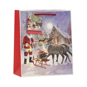Present gifts with enchanting festive charm using our Medium Forest Santa Gift Bag. This delightful bag features a heartwarming illustration of Santa Claus, lantern in hand, sharing a moment with his reindeer in a serene, snow-covered forest. A cosy cabin and a luminous full moon complete this magical winter scene, perfect for capturing the spirit of Christmas.

Designed with sturdy red sides and a matching rope handle, this bag is both beautiful and practical. An eco-friendly tag proudly highlights that it is 100% recyclable, appealing to environmentally conscious customers. Available in a convenient pack size of 1x6 from Partisan Products Ltd., these bags are an ideal choice for your seasonal gift-wrapping collection.