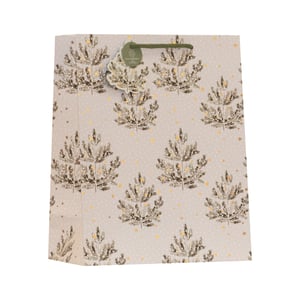 Add a touch of winter wonder to your gift-giving with our charming Medium Snowy Pines Gift Bag. This delightful bag features a beautiful pattern of frosted pine trees, adorned with twinkling golden stars, set against a soft, neutral background. It's the perfect choice for the festive season or any special winter occasion, offering an elegant and sophisticated presentation for your gifts.

Designed with convenience in mind, it comes with sturdy green braided handles for easy carrying. A lovely tree-shaped tag highlights its eco-friendly credentials, making it a thoughtful option for conscious consumers. Supplied by Partisan Products Ltd in a convenient pack of 6, these bags are an ideal retail solution for stylish and sustainable packaging.