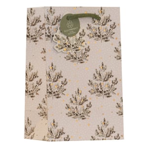 Present your gifts beautifully this festive season with our charming Small Snowy Pines Gift Bag. This delightful bag features a pattern of snow-dusted pine trees and twinkling golden stars against a soft, light background, evoking a magical winter wonderland feel. Sturdy green braided rope handles add an elegant touch, ensuring easy carrying for your customers. Each bag also includes an 'ECO-FRIENDLY 100% Recyclable' tag, making it a thoughtful and sustainable choice. Perfect for small presents, these bags are sure to add a special touch to any gift. Available in a convenient pack of 6, supplied by Partisan Products Ltd.