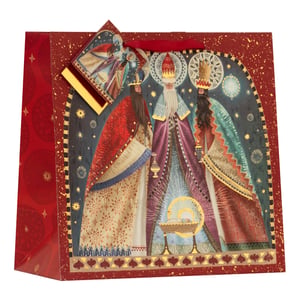 Present your festive gifts in truly regal style with our Large Square Three Kings Gift Bag. This stunning bag features a magnificent illustration of the Three Kings, adorned in vibrant, intricately patterned robes and crowns, set against a starry night sky. Rich red and shimmering gold accents create a luxurious feel, perfect for Christmas and Epiphany celebrations. Complete with elegant red ribbon handles and a matching gift tag, this generously sized square bag is ideal for a variety of presents. Stock up for the season; these beautiful bags are supplied in a convenient pack of six. From Partisan Products Ltd, ensuring quality and festive cheer.