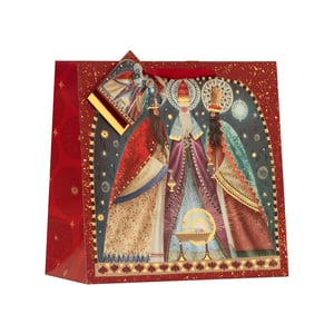 Present your gifts in truly regal style this festive season with our Medium Square Three Kings Gift Bag. From Partisan Products Ltd, this exquisite gift bag features a stunning illustration of the Three Kings, adorned in rich, jewel-toned robes, journeying towards the glowing manger. The intricate design, set against a starry night sky and framed by a decorative arch, is beautifully enhanced with shimmering gold accents.

Complete with a matching gift tag and a vibrant red ribbon handle, this bag adds a touch of traditional elegance to any present. Perfect for Christmas or Epiphany, these premium bags are sure to delight. Available in a convenient pack of 6, they are ideal for retailers looking to offer exceptional festive packaging.