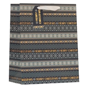 Get ready for the festive season with our charming Large Fairisle Gift Bag! Adorned with a beautiful, traditional Fairisle pattern in sophisticated shades of grey, blue, and shimmering gold, this bag is sure to make any gift extra special. The design features delightful snowflake motifs and repeats of 'MERRY CHRISTMAS' in a festive golden script, adding a touch of sparkle. Complete with sturdy white ribbon handles and a matching 'MERRY CHRISTMAS' gift tag, it’s perfect for presenting those larger Christmas presents. Stock up on these elegant bags and make gift-giving effortless and stylish this holiday.
