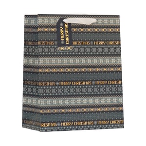 Present your Christmas gifts in style with our lovely Medium Fairisle Gift Bag. This festive bag showcases a timeless Fairisle pattern, featuring a rich blend of dark hues, warm gold, and subtle white accents. The design includes horizontal stripes of traditional motifs, alongside "MERRY CHRISTMAS" text and charming snowflake details, creating a truly seasonal feel. Equipped with elegant white ribbon handles and a coordinating gift tag, it's perfect for adding that special touch to your presents. Available in a convenient pack of 6, these bags are a wonderful choice for all your holiday gifting.