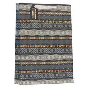 Make gift-giving extra special this Christmas with our Extra Large Fairisle Gift Bag! Brought to you by Partisan Products Ltd, this festive bag showcases a classic Fairisle pattern in a lovely blend of deep blues, creams, and golden hues. The design features repeating "MERRY CHRISTMAS" text, beautifully accented with snowflake details, creating a wonderfully cosy and traditional holiday aesthetic. Its extra-large size offers ample space for generous presents, complemented by sturdy construction and elegant ribbon handles for a quality finish. Available in a practical 1x6 pack, these bags are an excellent addition to your seasonal stock, perfect for helping customers present their gifts with style.